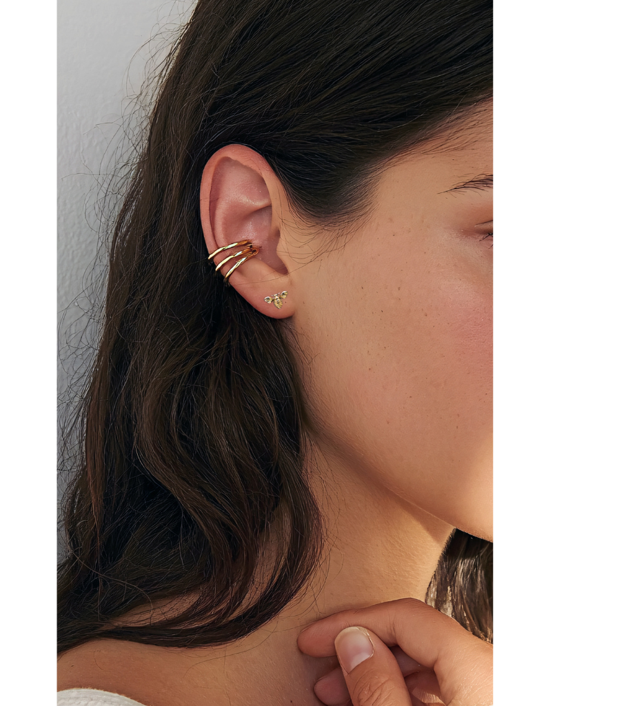 Close-up 18k SCS-Certified Recycled Gold Matriarch (Queenie) Bee 7mm stud handcrafted in Chicago by Gina Rose.