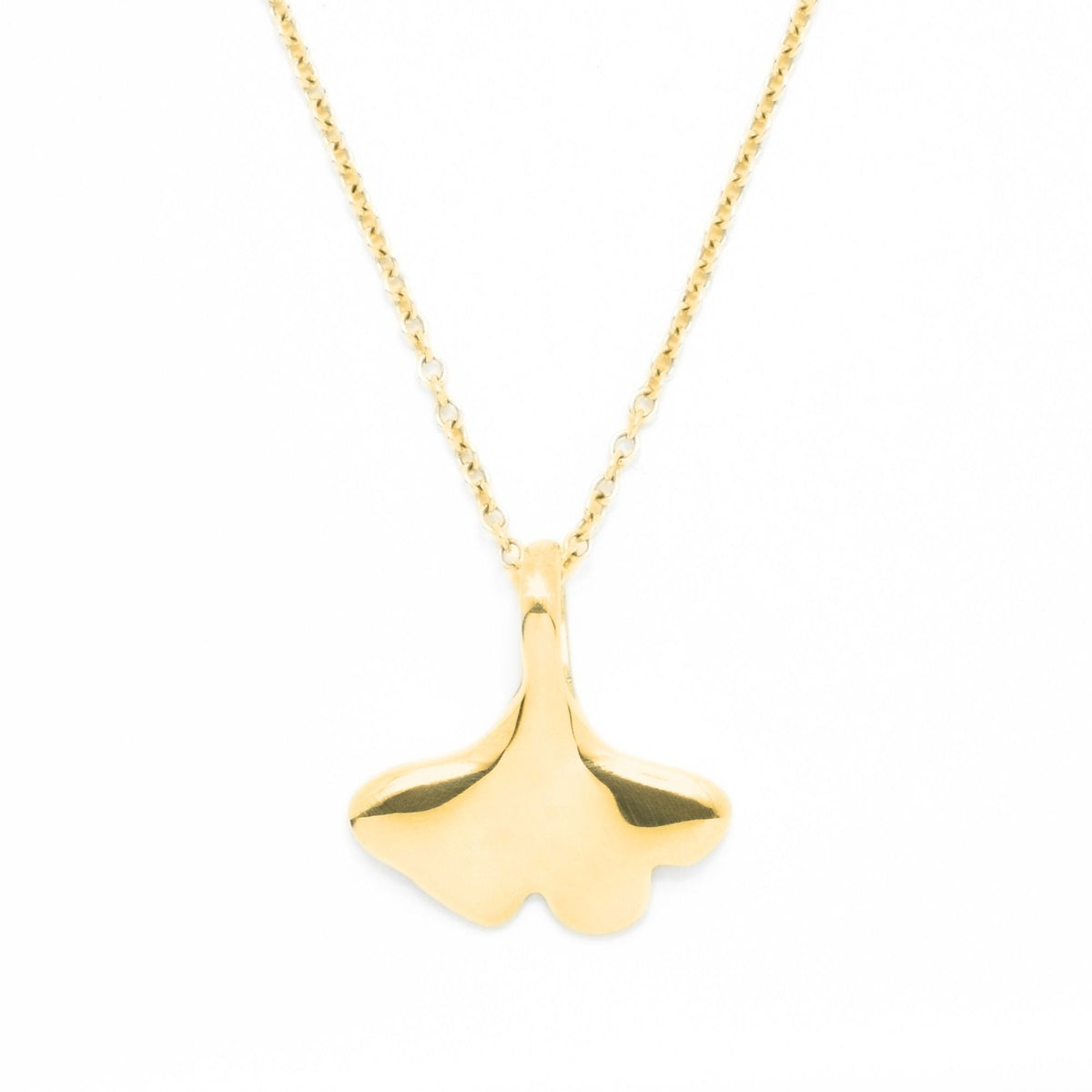 Close-up front view of the Botanical Ginkgo Leaf Pendant 14mm petite in 18k yellow gold, showcasing master-crafted organic fan geometry and polished finish by Gina Rose Atelier