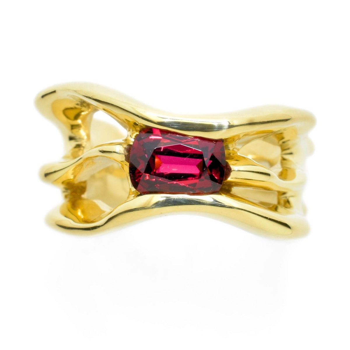 Macro view of the Red Spinel Master Ring in 18k yellow gold from the Archive Series, emphasizing bezel setting and fine jewelry craftsmanship by Gina Rose Atelier