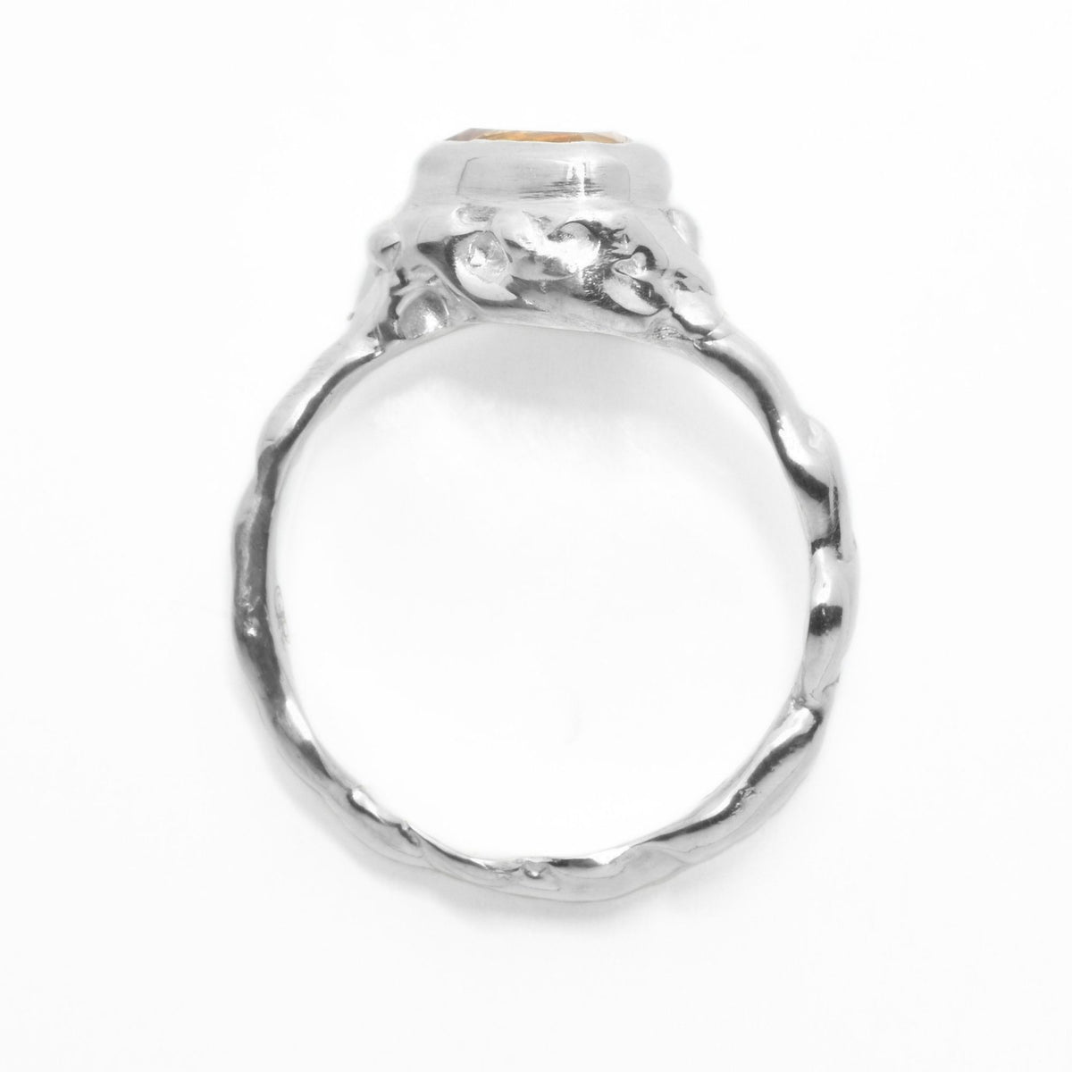 Overhead studio profile of the Trillion Citrine Solitaire ring in solid sterling silver, highlighting the continuous organic band contour by Gina Rose Atelier