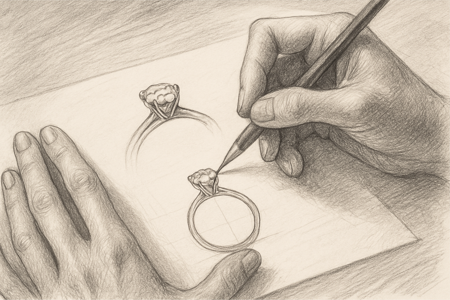 hands sketching an engagement ring