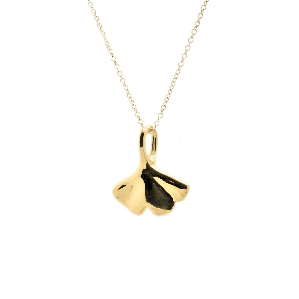 Angled perspective of the Botanical Ginkgo Leaf Pendant 20mm grande in 18k yellow gold, displaying the integrated bail and sculptural contour by Gina Rose Atelier.   