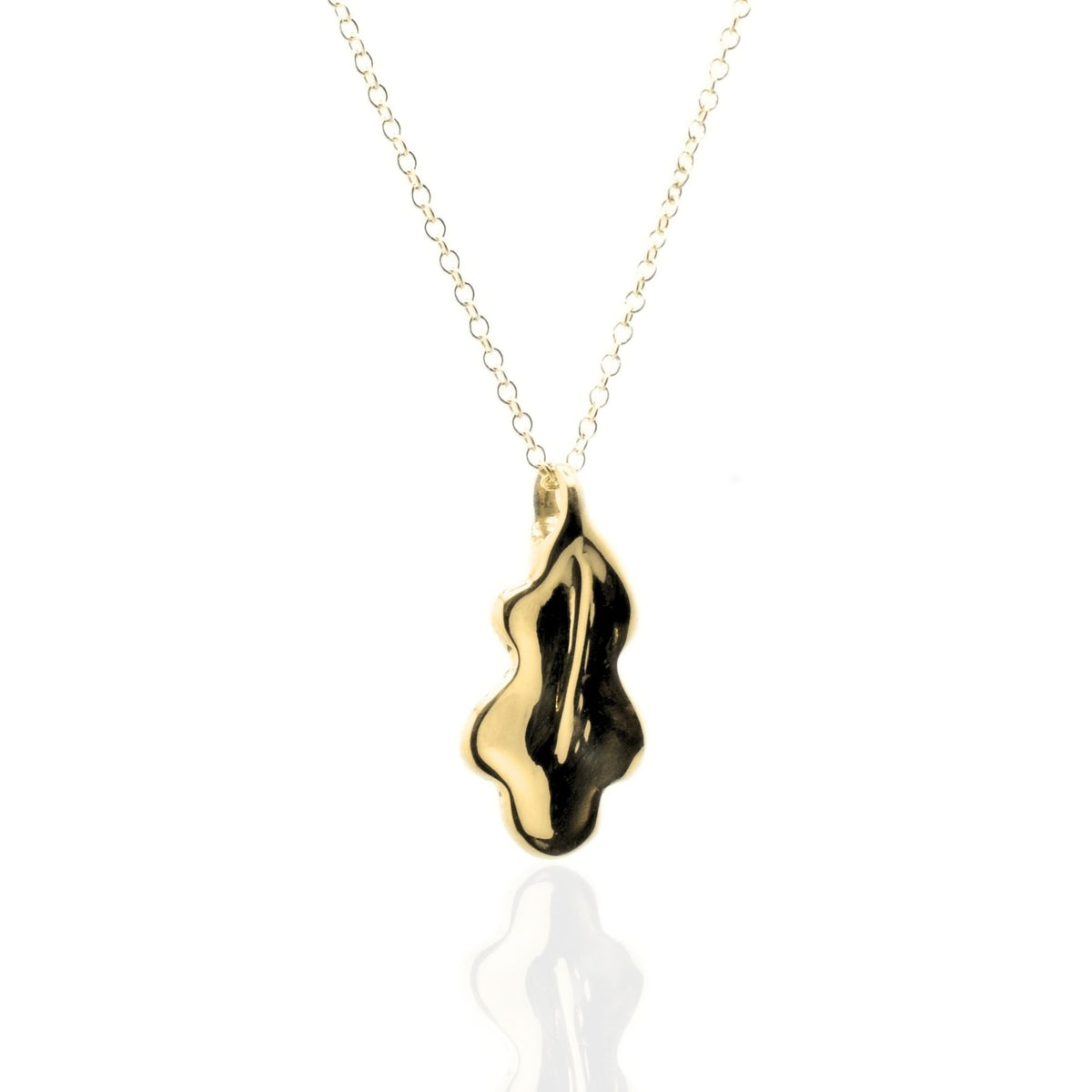 The Botanical Oak Leaf Pendant in 20mm grande scale crafted in solid 18k yellow gold by Gina Rose Atelier, shown with a mirror studio reflection on a custom gold chain