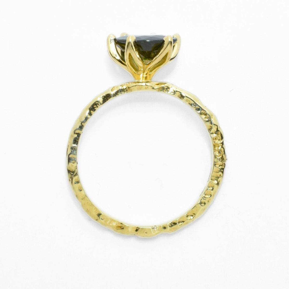 Side profile view of the Green Sapphire Oval ring from the Archive Series in solid 18k yellow gold, displaying the organic cathedral gallery and textured band by Gina Rose Atelier.