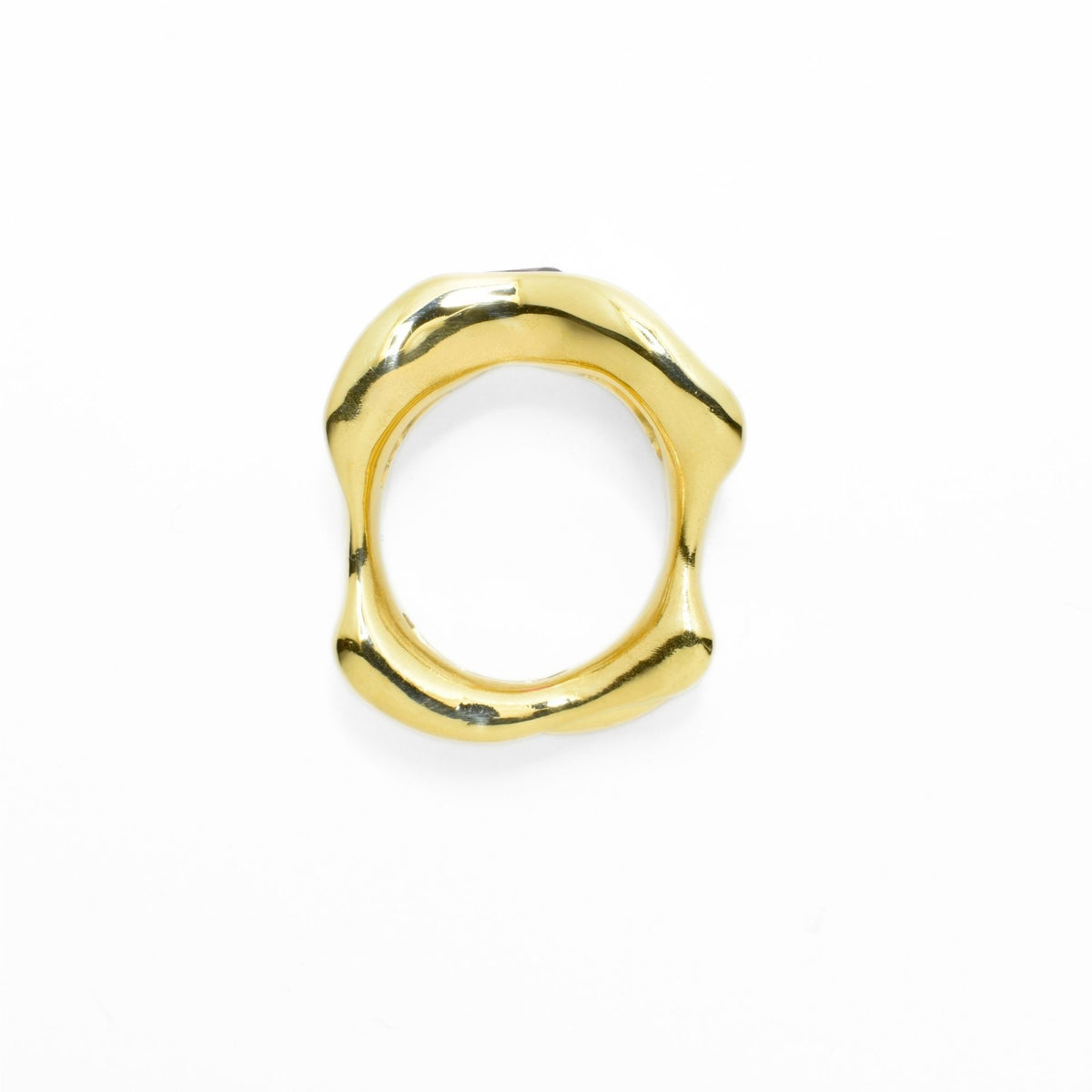 Alternative profile angle of the Red Spinel Master Ring Archive Series in 18k yellow gold, highlighting fluid structural symmetry by Gina Rose Atelier.